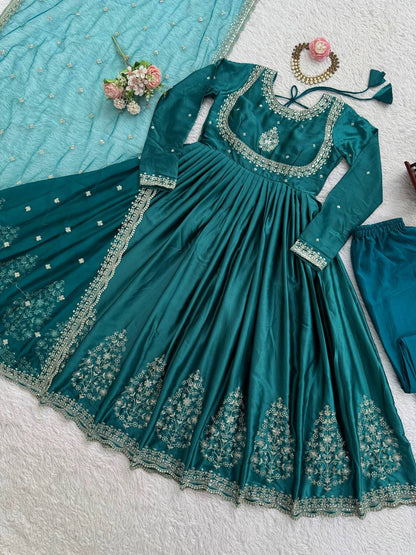 Wedding Wear Teal Green Color Japan Satin 3-Piece Anarkali Set