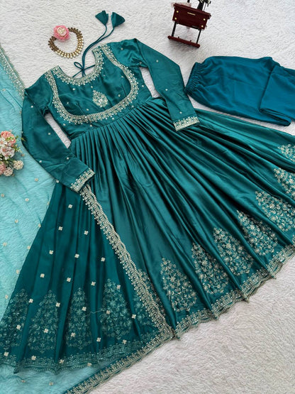 Wedding Wear Teal Green Color Japan Satin 3-Piece Anarkali Set