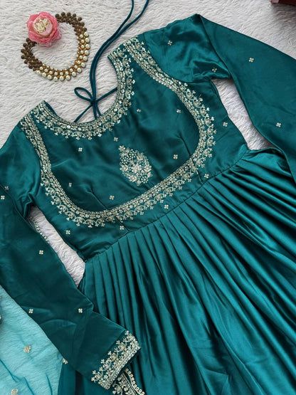 Wedding Wear Teal Green Color Japan Satin 3-Piece Anarkali Set