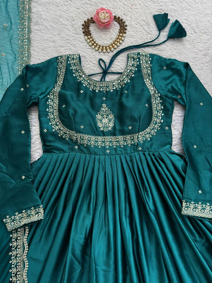 Wedding Wear Teal Green Color Japan Satin 3-Piece Anarkali Set
