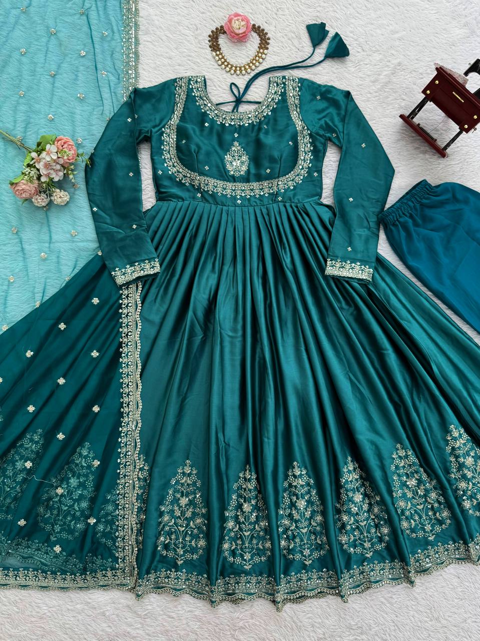 Wedding Wear Teal Green Color Japan Satin 3-Piece Anarkali Set