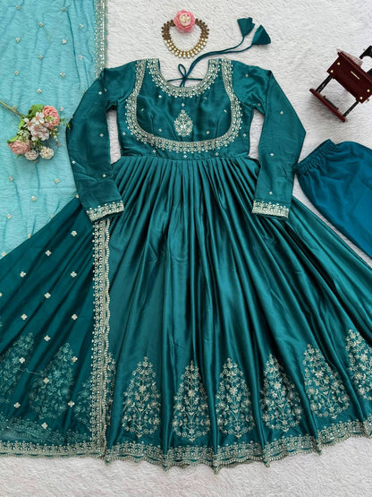 Wedding Wear Teal Green Color Japan Satin 3-Piece Anarkali Set