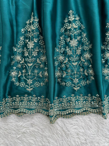 Wedding Wear Teal Green Color Japan Satin 3-Piece Anarkali Set