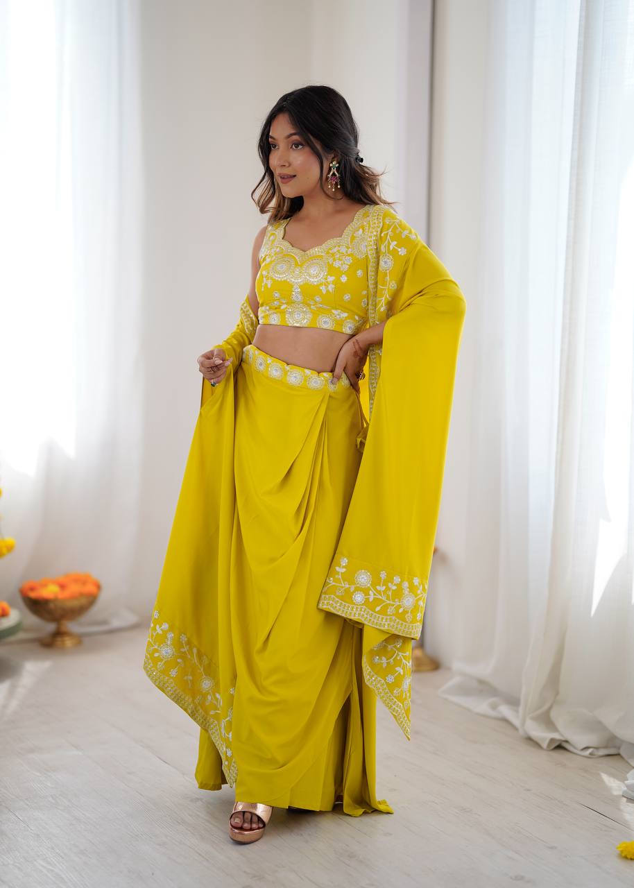 Classic Yellow Color Sequence Embroidered Lehenga With shrug