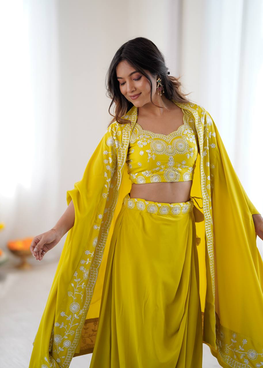 Classic Yellow Color Sequence Embroidered Lehenga With shrug