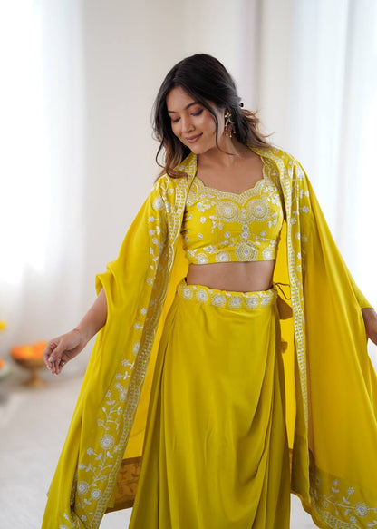 Classic Yellow Color Sequence Embroidered Lehenga With shrug