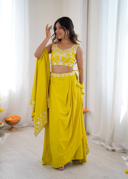 Classic Yellow Color Sequence Embroidered Lehenga With shrug