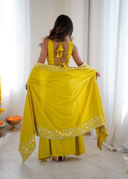 Classic Yellow Color Sequence Embroidered Lehenga With shrug