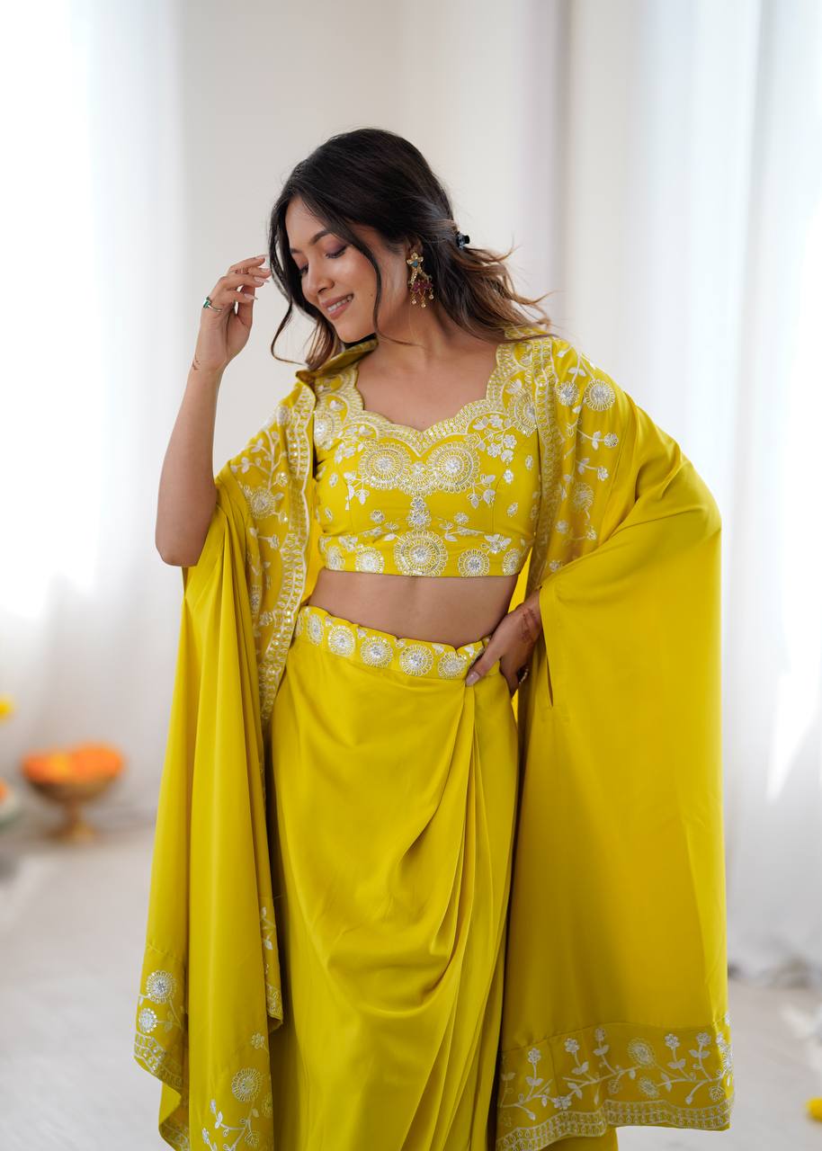 Classic Yellow Color Sequence Embroidered Lehenga With shrug