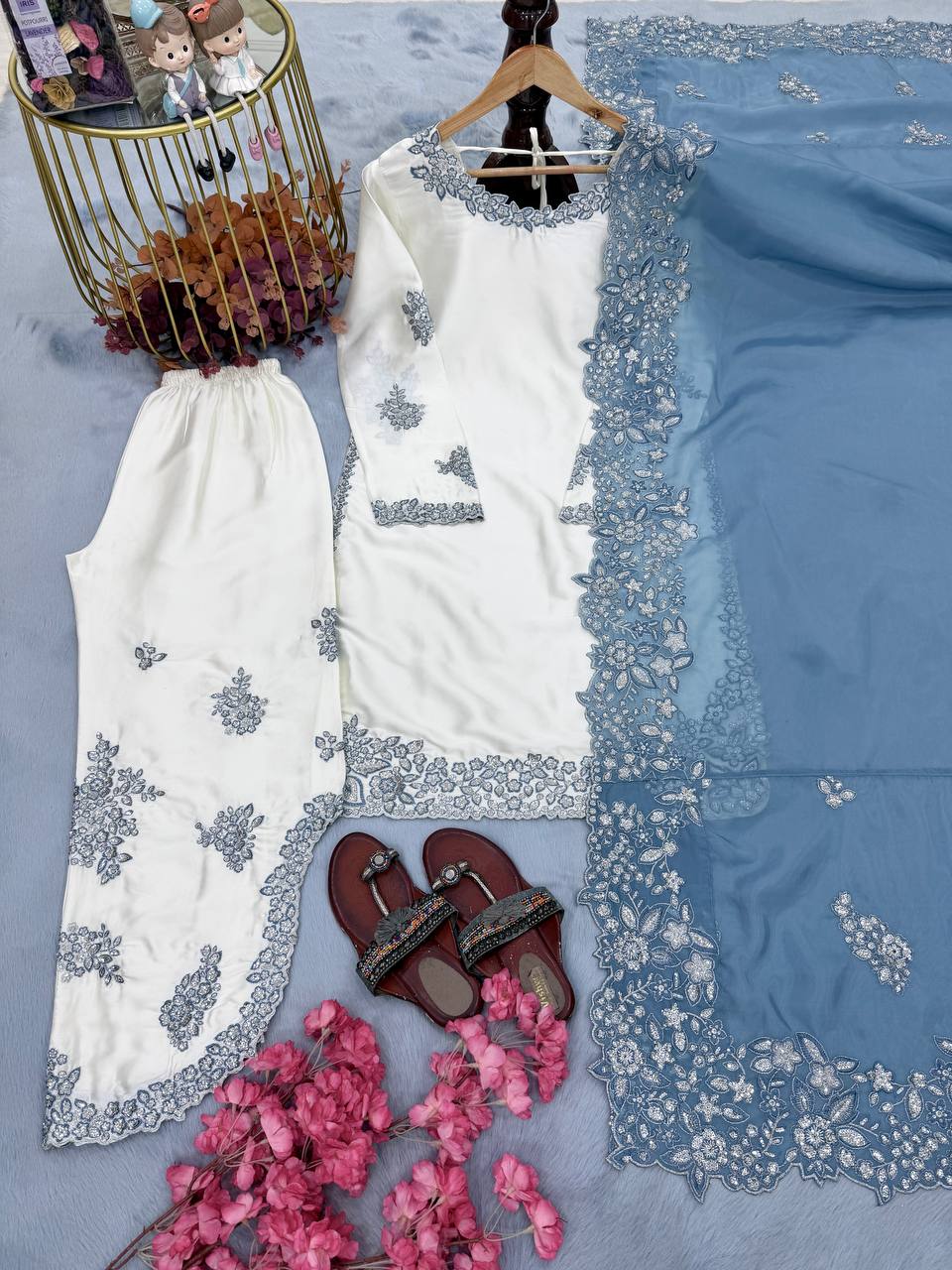 Luxury White Color Pure Roman Glass Sequin Work Palazzo Set
