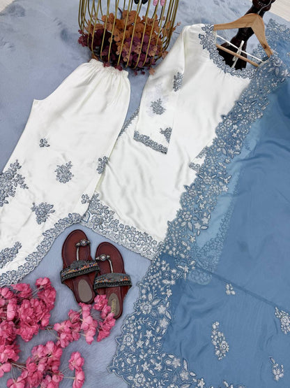 Luxury White Color Pure Roman Glass Sequin Work Palazzo Set