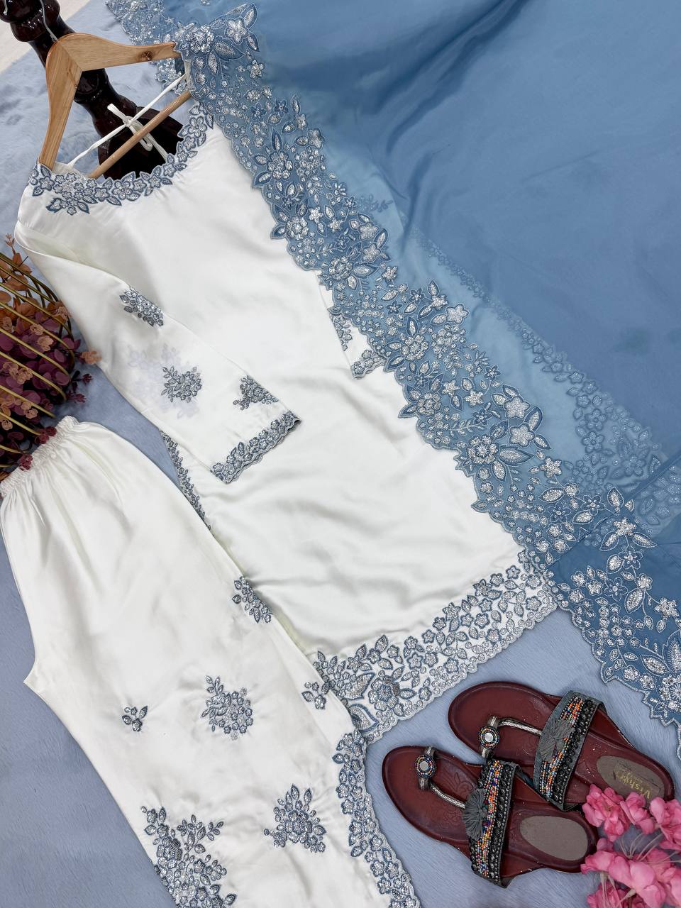 Fantastic Cream Color Sequence Embroidred Palazoo Suit With Dupatta