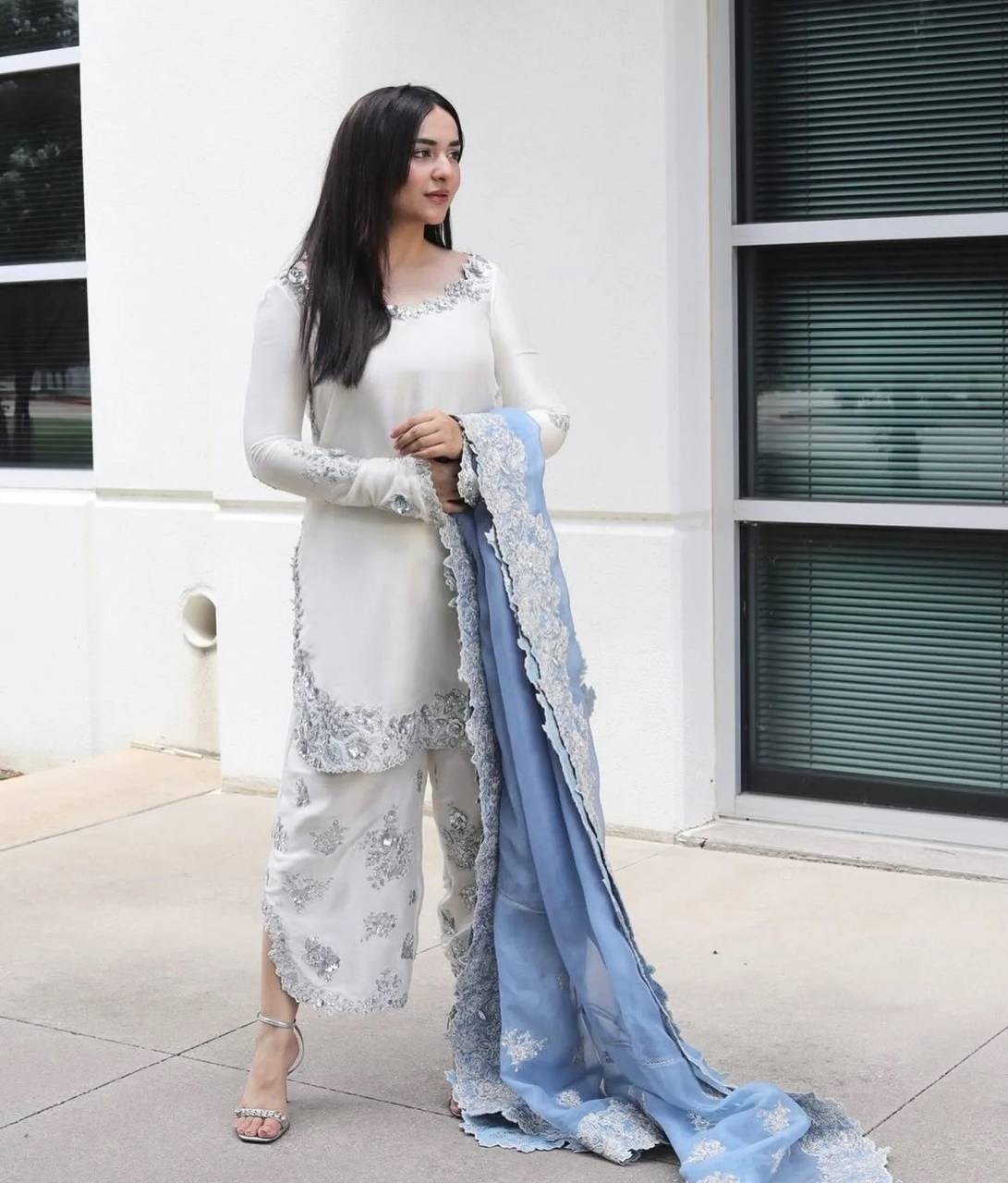Luxury White Color Pure Roman Glass Sequin Work Palazzo Set