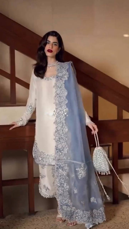 Fantastic Cream Color Sequence Embroidred Palazoo Suit With Dupatta