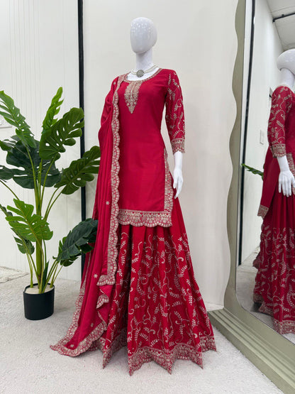 Wedding Wear Red Color Chinon Silk And Thread With Sequence Work Palazzo Suit