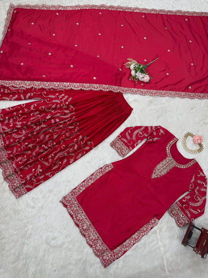 Wedding Wear Red Color Chinon Silk And Thread With Sequence Work Palazzo Suit