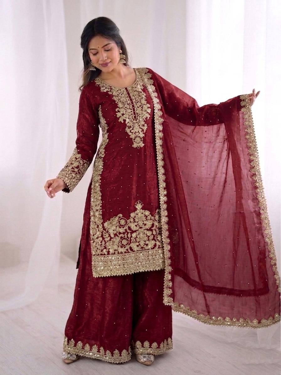 Peaceful Maroon Color Moti Work Palazzo Suit With Dupatta