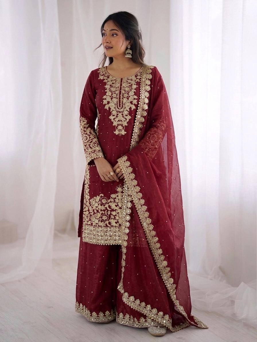 Peaceful Maroon Color Moti Work Palazzo Suit With Dupatta