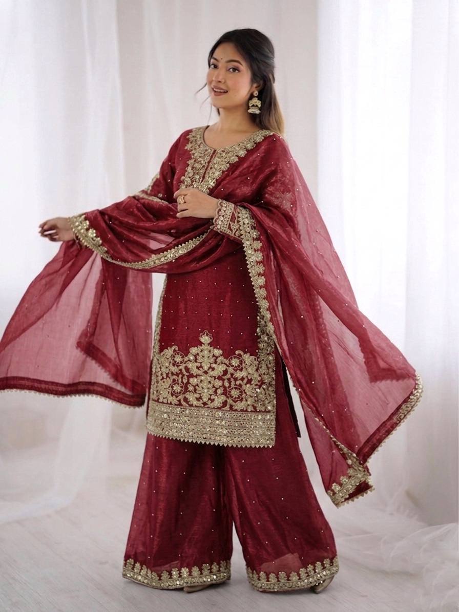 Peaceful Maroon Color Moti Work Palazzo Suit With Dupatta