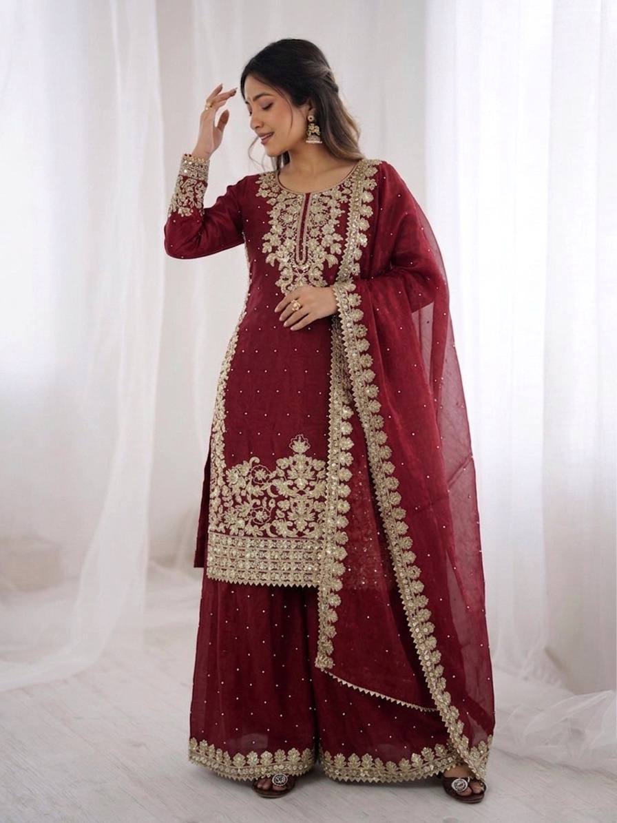 Peaceful Maroon Color Moti Work Palazzo Suit With Dupatta