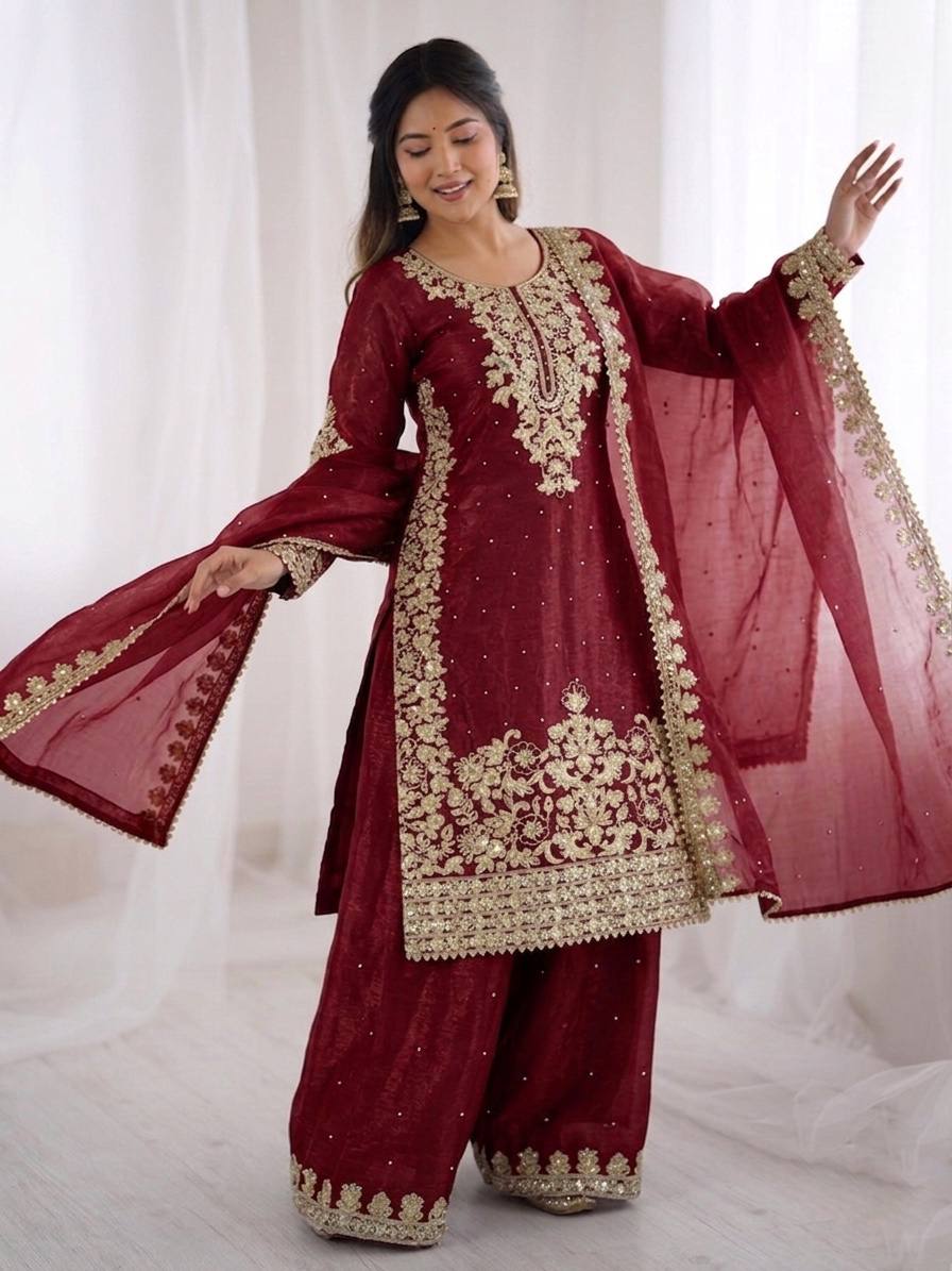 Peaceful Maroon Color Moti Work Palazzo Suit With Dupatta
