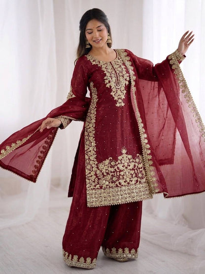 Peaceful Maroon Color Moti Work Palazzo Suit With Dupatta