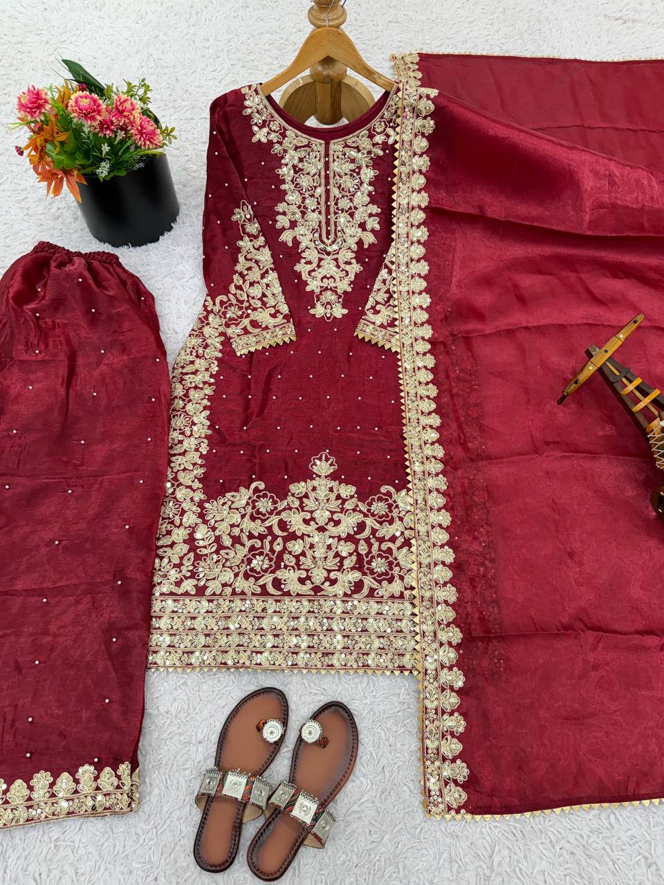Peaceful Maroon Color Moti Work Palazzo Suit With Dupatta