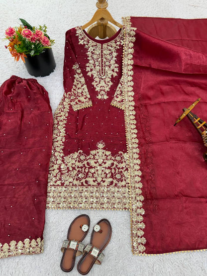 Peaceful Maroon Color Moti Work Palazzo Suit With Dupatta