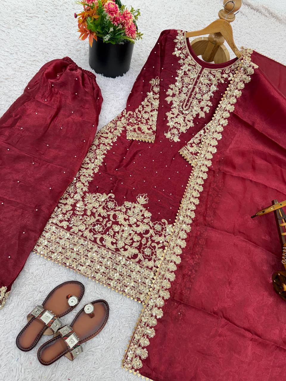 Peaceful Maroon Color Moti Work Palazzo Suit With Dupatta