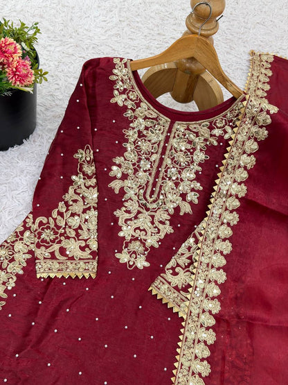 Peaceful Maroon Color Moti Work Palazzo Suit With Dupatta