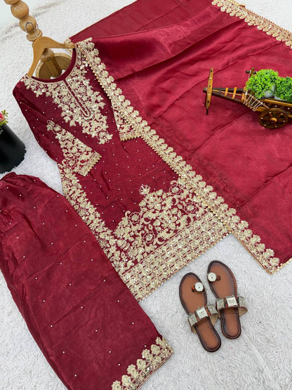 Peaceful Maroon Color Moti Work Palazzo Suit With Dupatta