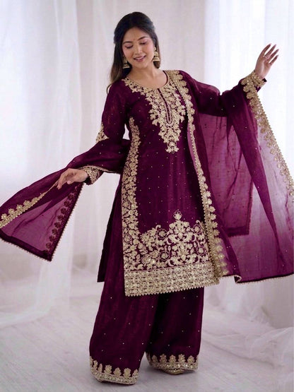 Imposing Purple Color Moti Work Palazzo Suit With Dupatta