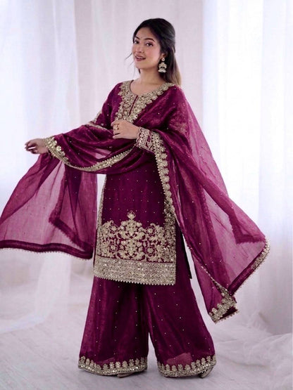 Imposing Purple Color Moti Work Palazzo Suit With Dupatta
