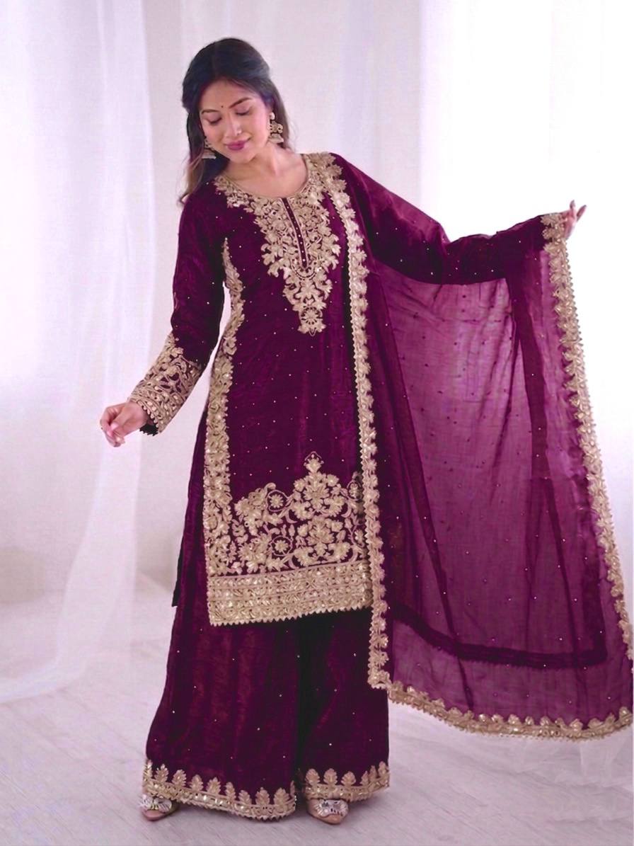 Imposing Purple Color Moti Work Palazzo Suit With Dupatta