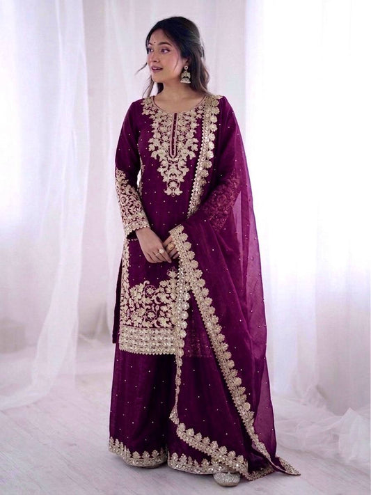 Imposing Purple Color Moti Work Palazzo Suit With Dupatta