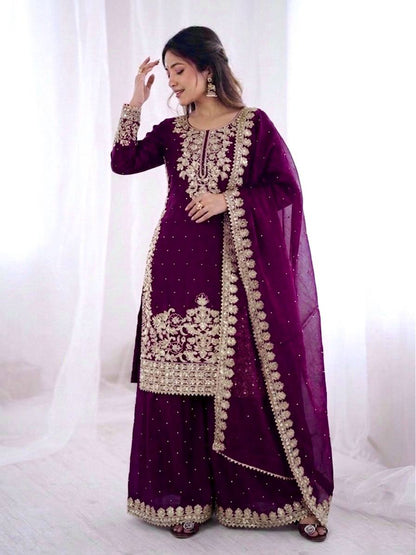 Imposing Purple Color Moti Work Palazzo Suit With Dupatta
