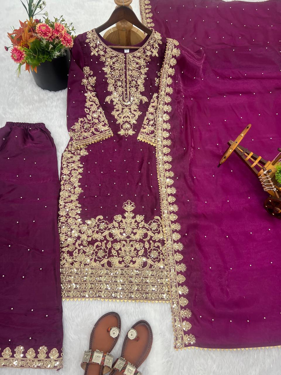Imposing Purple Color Moti Work Palazzo Suit With Dupatta