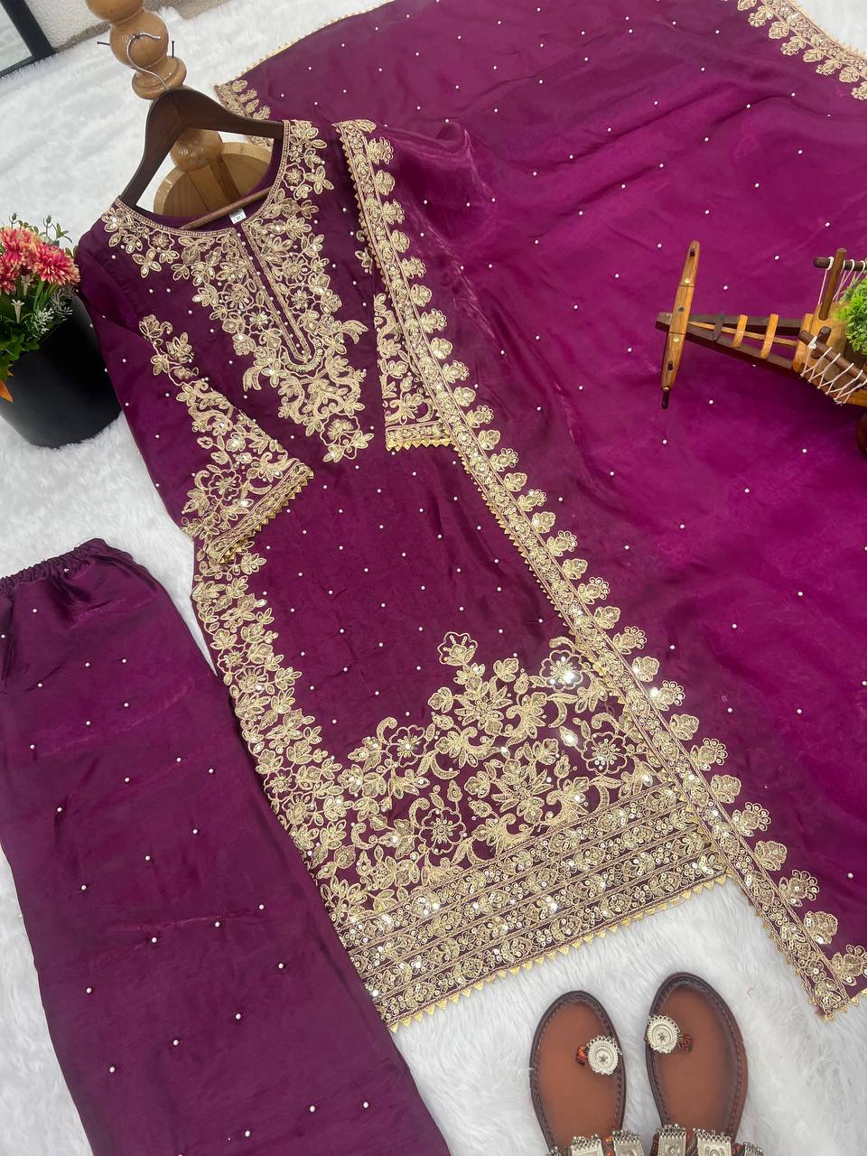 Imposing Purple Color Moti Work Palazzo Suit With Dupatta