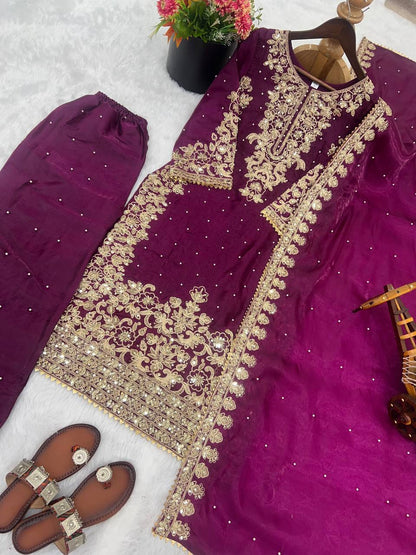 Imposing Purple Color Moti Work Palazzo Suit With Dupatta