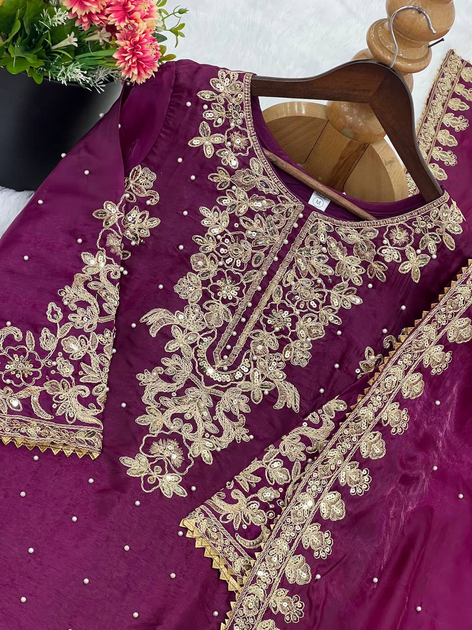 Imposing Purple Color Moti Work Palazzo Suit With Dupatta