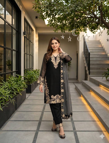 Stunning Black Color Embroidered Palazzo Suit With Dupatta