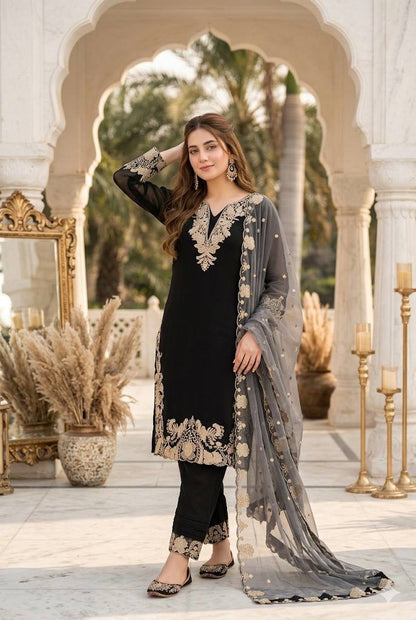 Stunning Black Color Embroidered Palazzo Suit With Dupatta