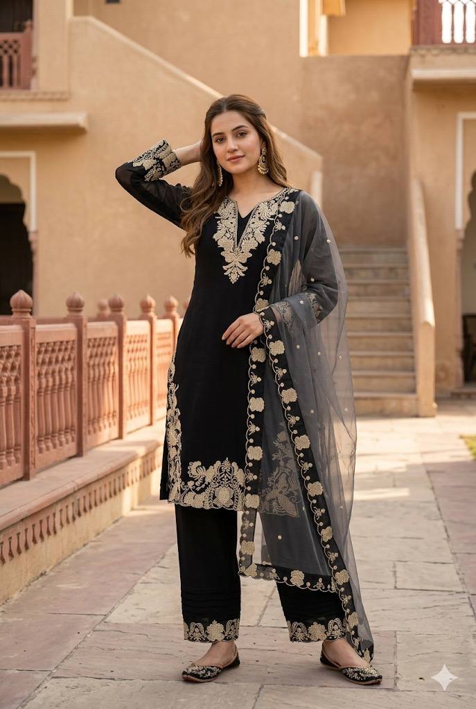 Stunning Black Color Embroidered Palazzo Suit With Dupatta