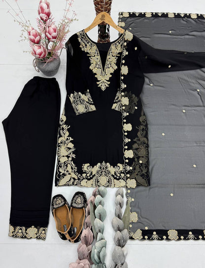 Stunning Black Color Embroidered Palazzo Suit With Dupatta