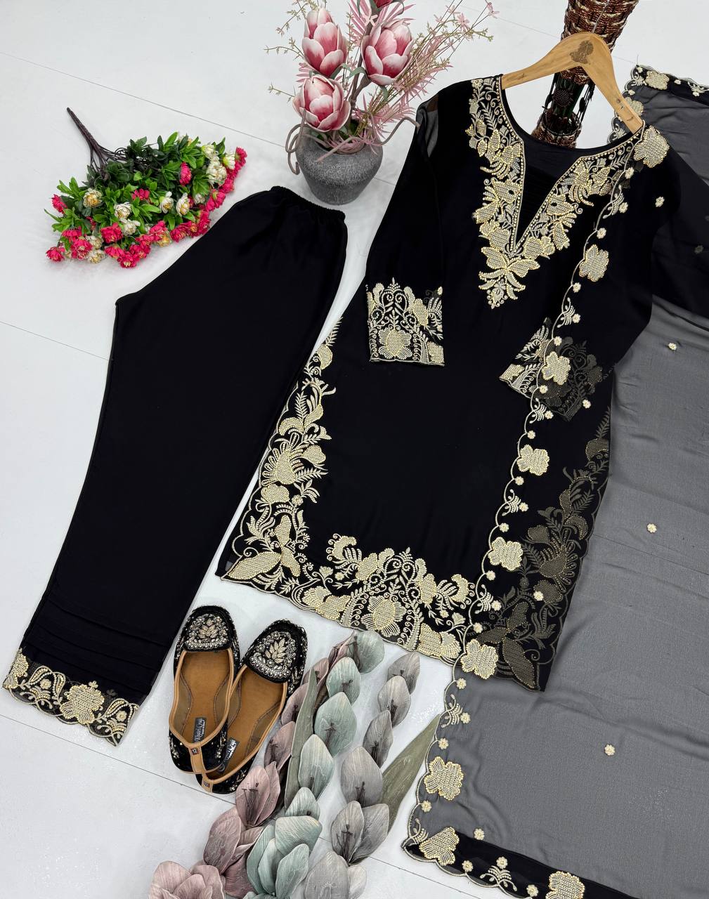 Stunning Black Color Embroidered Palazzo Suit With Dupatta