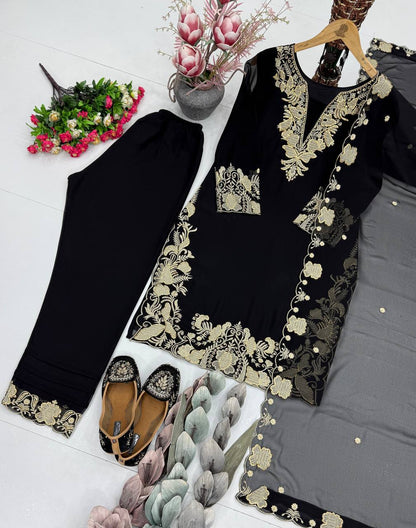 Stunning Black Color Embroidered Palazzo Suit With Dupatta