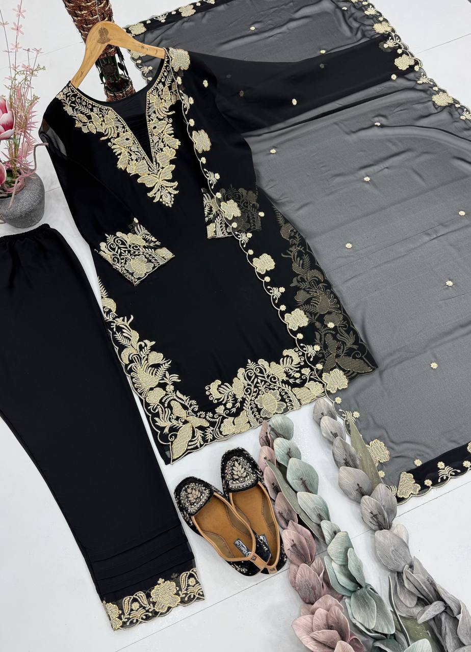 Stunning Black Color Embroidered Palazzo Suit With Dupatta