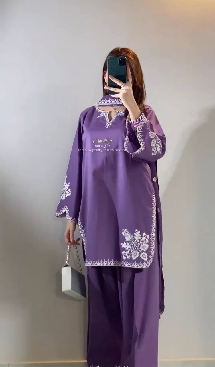 Fancy Purple Color Embroidred Farsi Suit With Dupatta