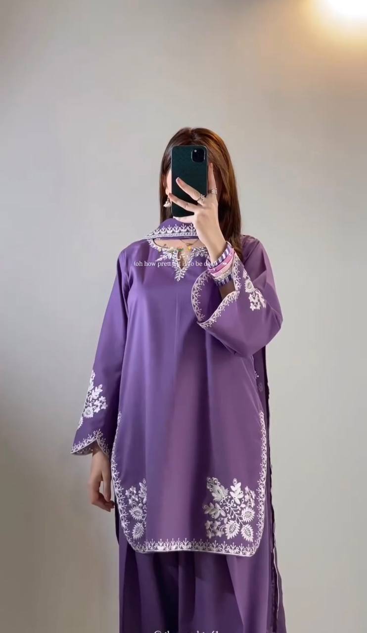 Fancy Purple Color Embroidred Farsi Suit With Dupatta