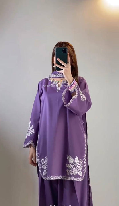Fancy Purple Color Embroidred Farsi Suit With Dupatta